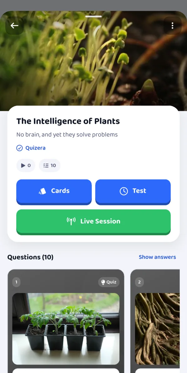 Quiz details screen with Cards, Test and Live Session buttons