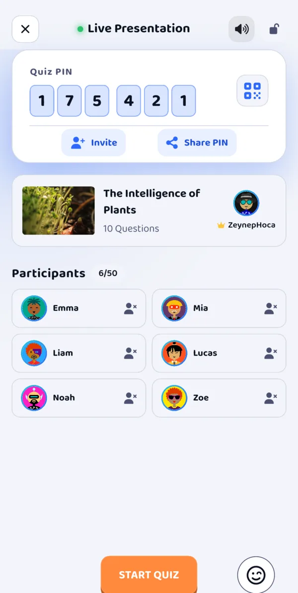 Live presentation lobby: quiz PIN and joined players