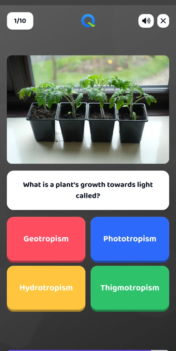 Test mode: four-option question with a timer bar