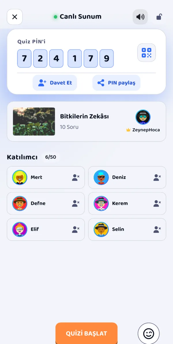 Canlı sunum lobisi: quiz PIN’i ve katılan oyuncular